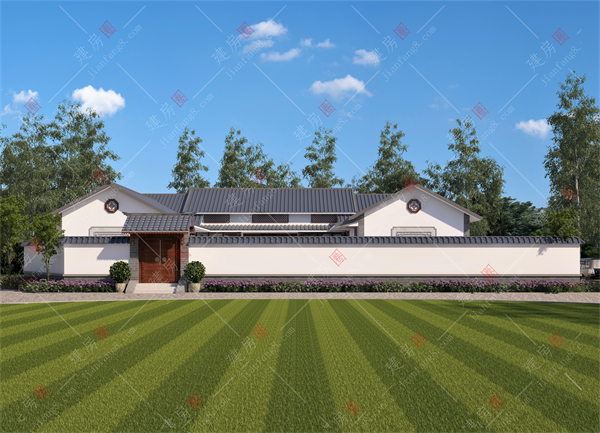 眉山市自建房别墅图纸设计施工公司，一层中式三合院，有花园有院子让人羡慕